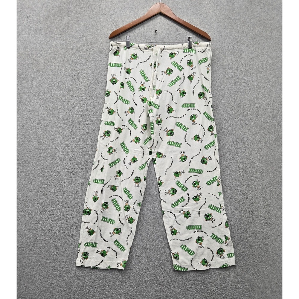 M&M's Women Sleepwear L White Pajama Pants Green Character Logo Allover Print